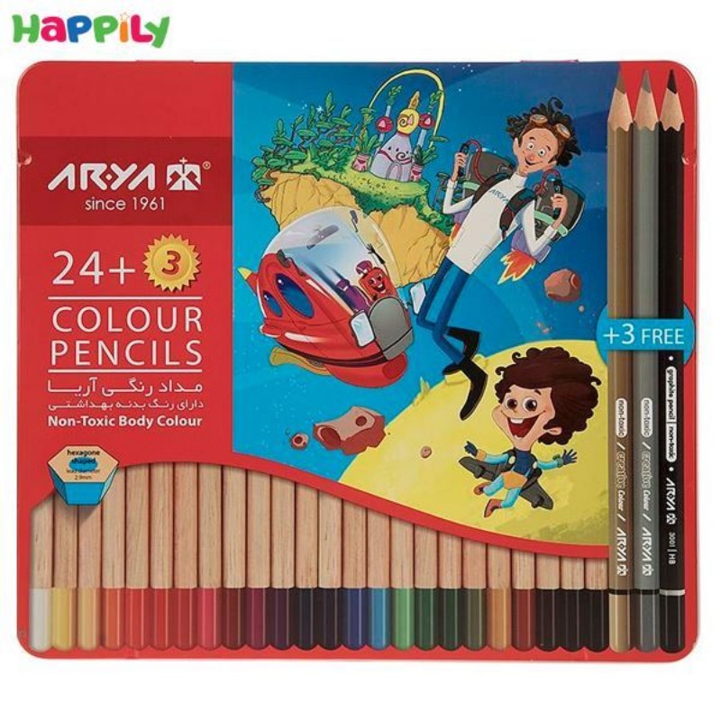 مداد رنگی جعبه فلزی 3+24 رنگ آریا 3022
